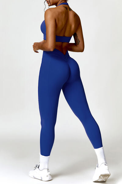 Ruched Halter Neck Bra and Pocketed Leggings Active Set