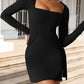 Square Neck Long Sleeve Slit Mini Dress