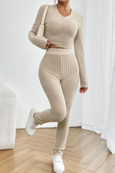 NovuCasual Ribbed V-Neck Long Sleeve Set