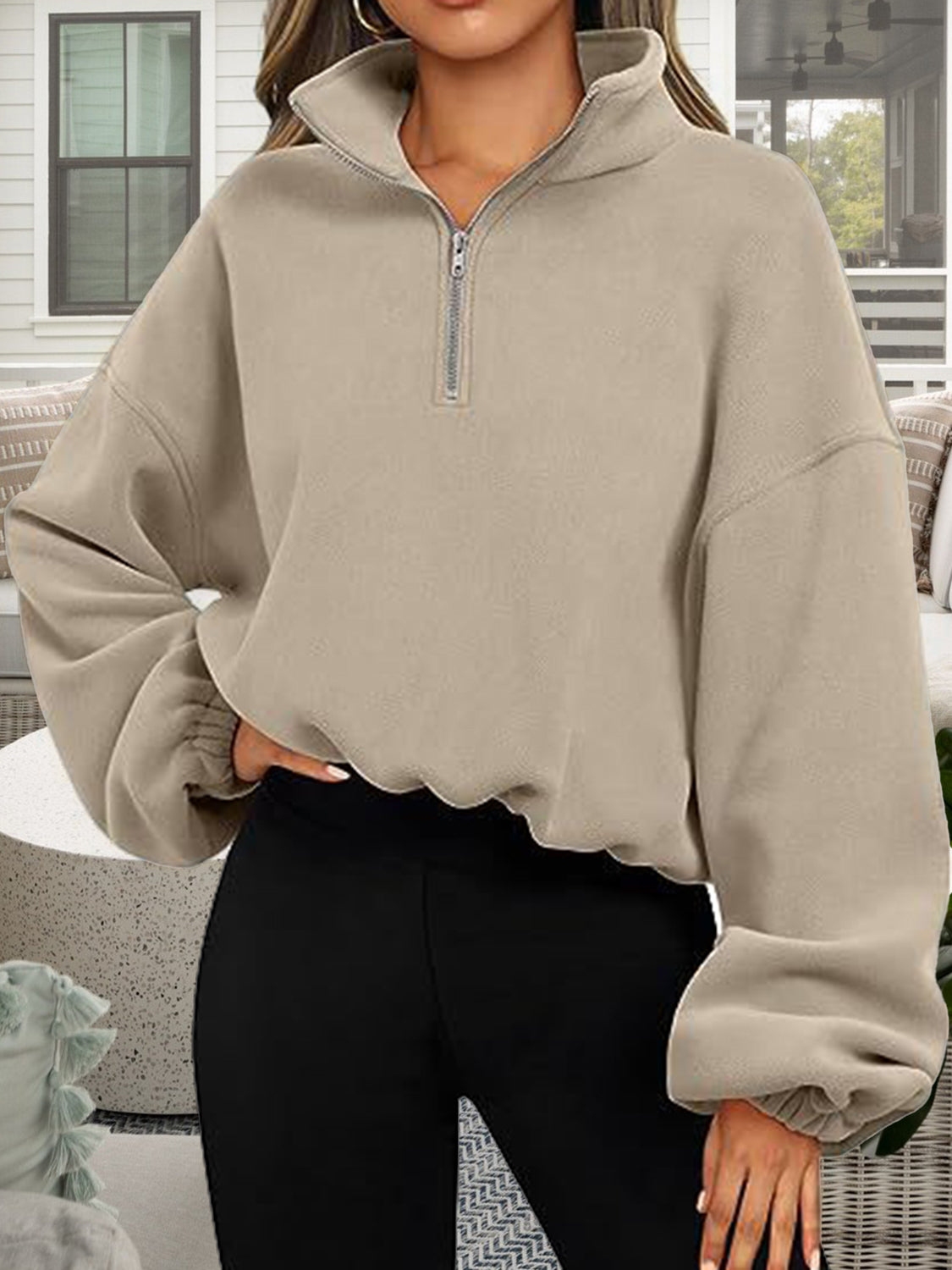 Half-Zip Collared Drop Shoulder Sweatshirt