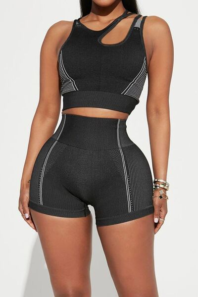 Asymmetrical Neck Striped Tank and Shorts Active Set